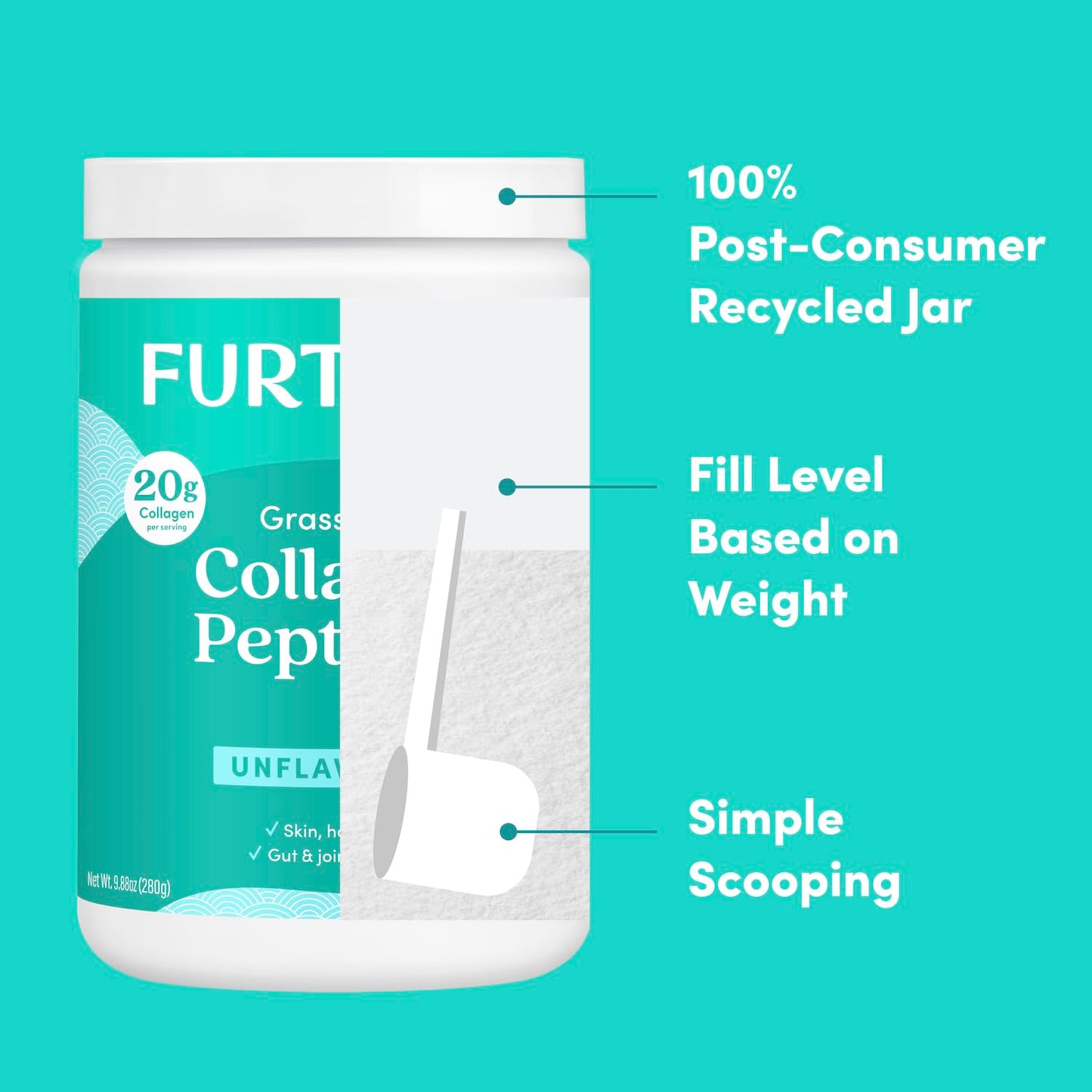 Further Food Unflavored Collagen Peptides Powder โ Grass-Fed, Pasture-Raised, Hydrolyzed Type I & III, Gut Health + Joints, Hair Skin Nails, Paleo & Keto, 9.88 oz