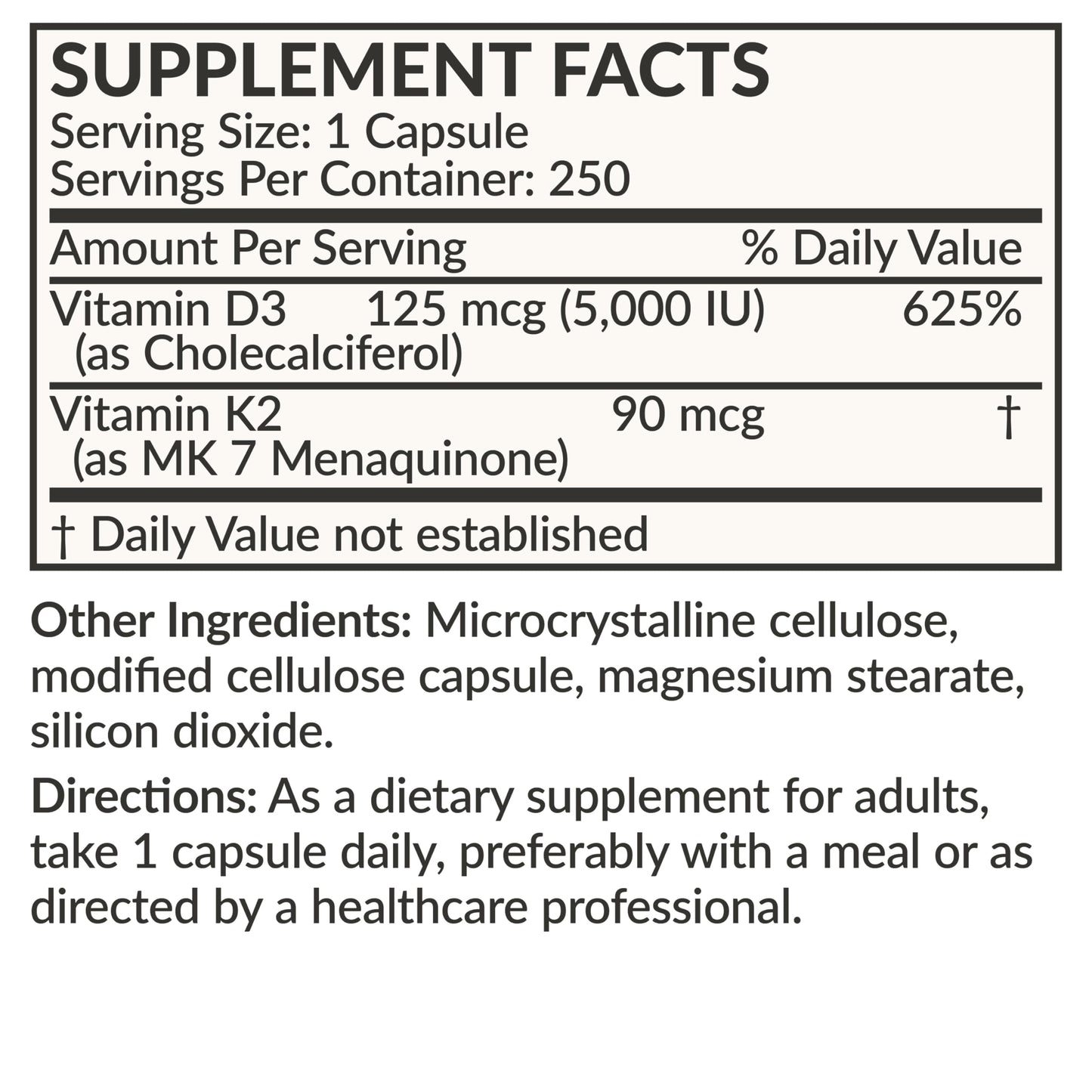 Futurebiotics Vitamin K2 (MK7) with D3 โ Non-GMO, 5000 IU D3 & 90 mcg MK-7, 2-Pack (250 Veg Capsules per Bottle)