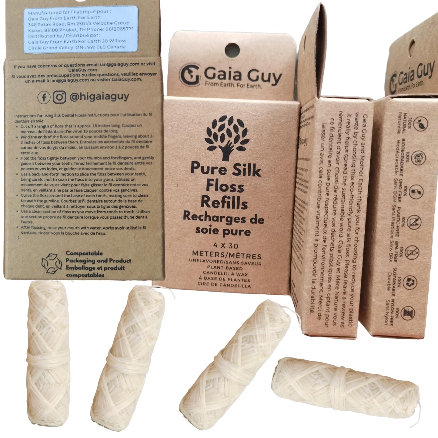 Gaia Guy Silk Dental Floss Refill โ 4 x 33yds, 100% Biodegradable Silk