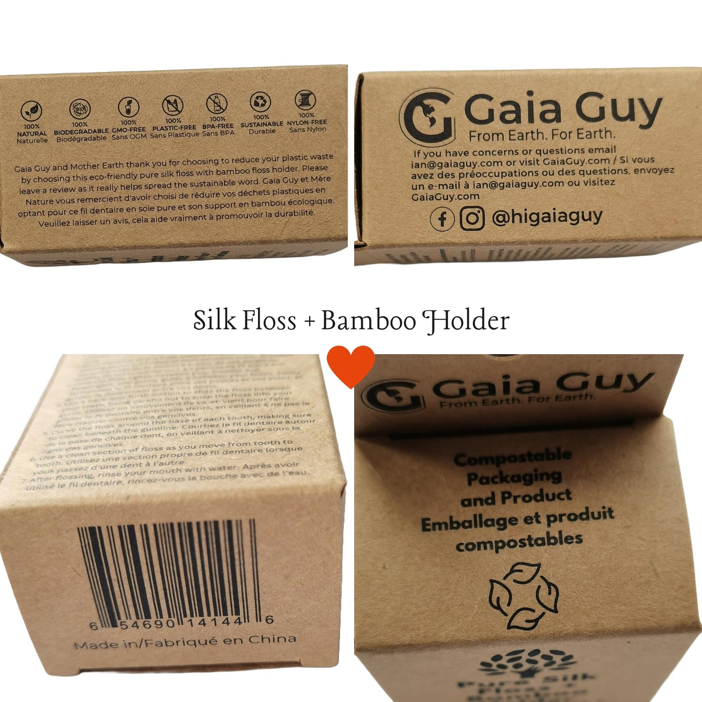 Gaia Guy Silk Dental Floss with Bamboo Holder β 2x33yds, Compostable Pure Silk, Refill & Reusable Case | Plastic-Free