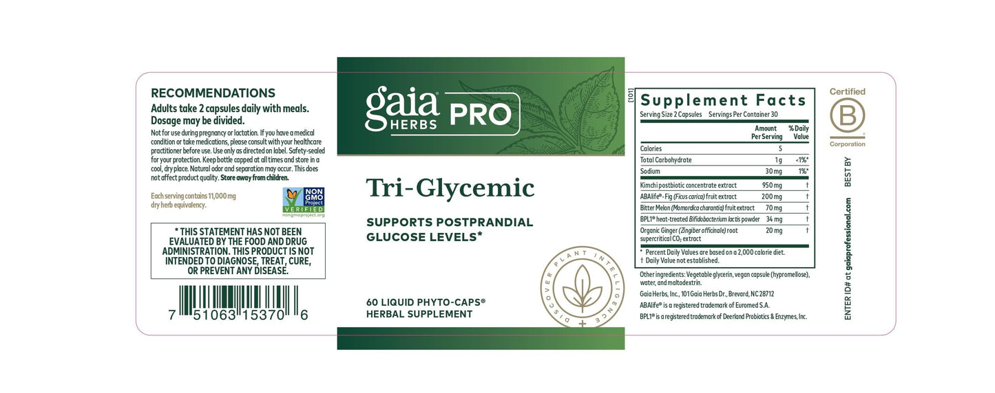 Gaia Herbs PRO Tri-Glycemic โ Supports Healthy Metabolism (60 Liquid Phyto-Caps)