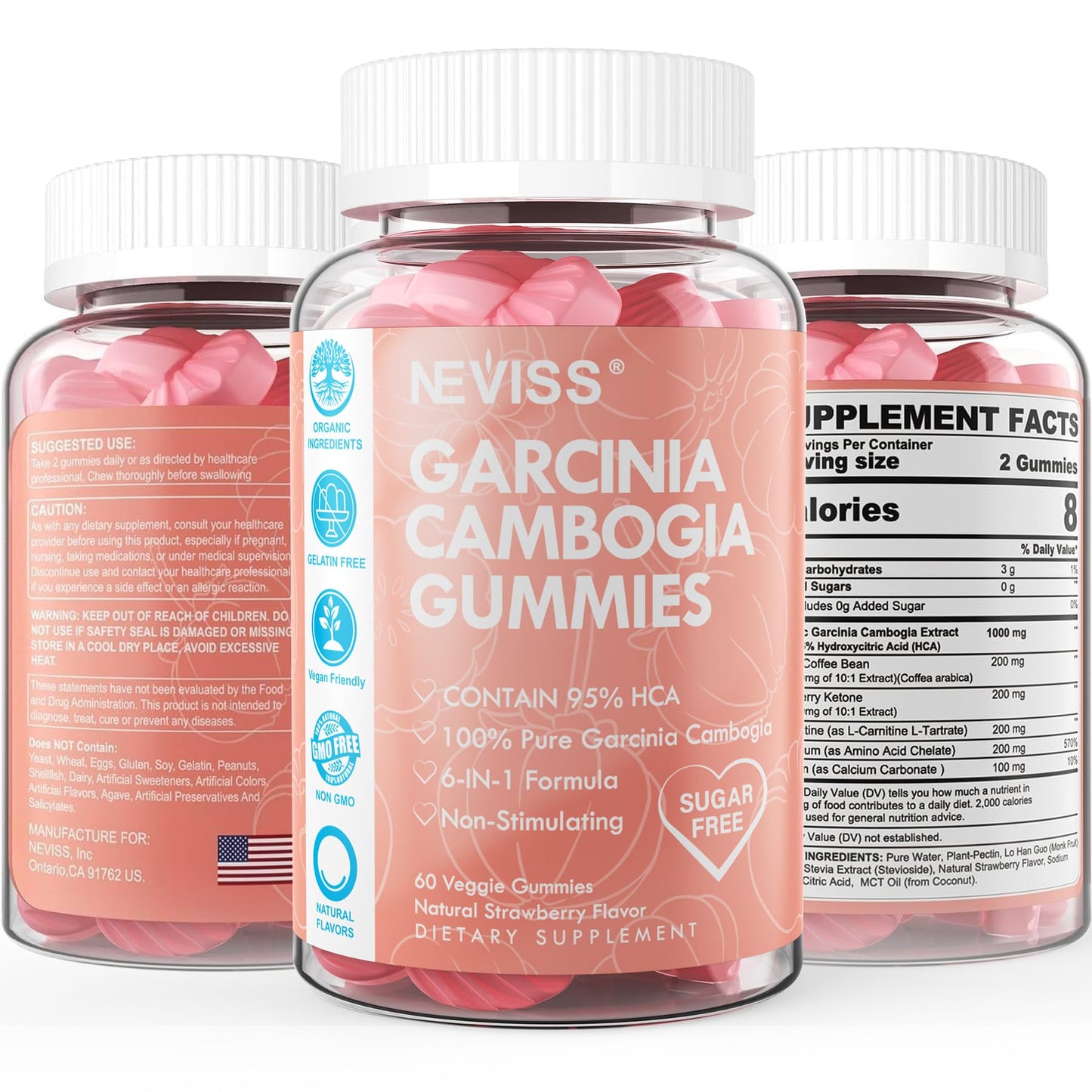 Sugar Free Garcinia Cambogia Gummies 1000mg โ 95% HCA, Vegan, Strawberry, 60-Count