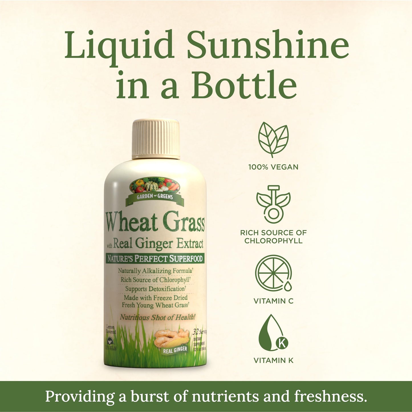 Garden Greens Wheat Grass Liquid with Ginger Extract โ 32 Servings