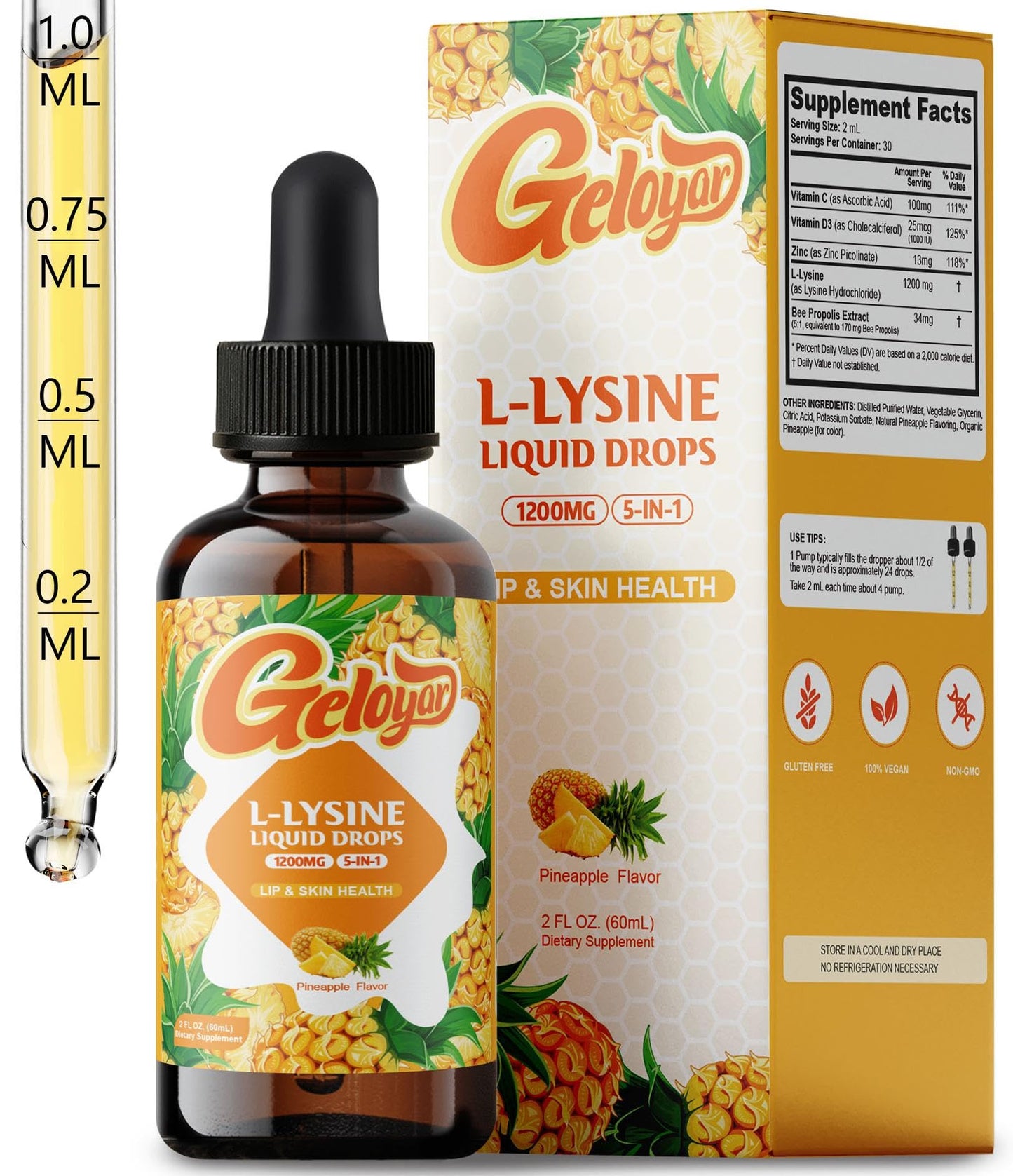 Geloyar L-Lysine Liquid Drops โ 1200mg Lysine for Cold Sore, Lip Health & Immune Support | Vegan, 2 fl oz