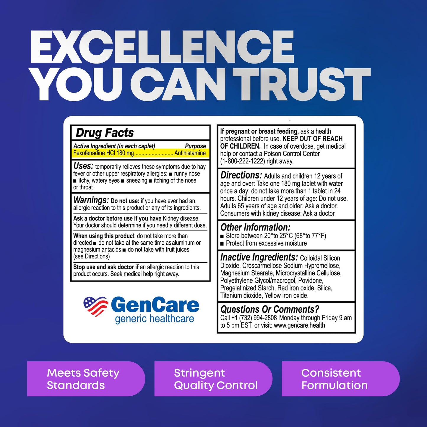 GenCare Allergy Relief Pills | Fexofenadine HCl 180 mg β 50 Tablets | Non-Drowsy 24-Hour Hay Fever Relief