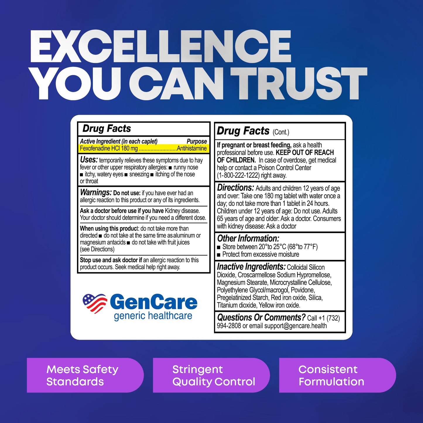 GenCare Allergy Relief Pills β Fexofenadine 180mg, 24-Hour Non-Drowsy (100 Count)