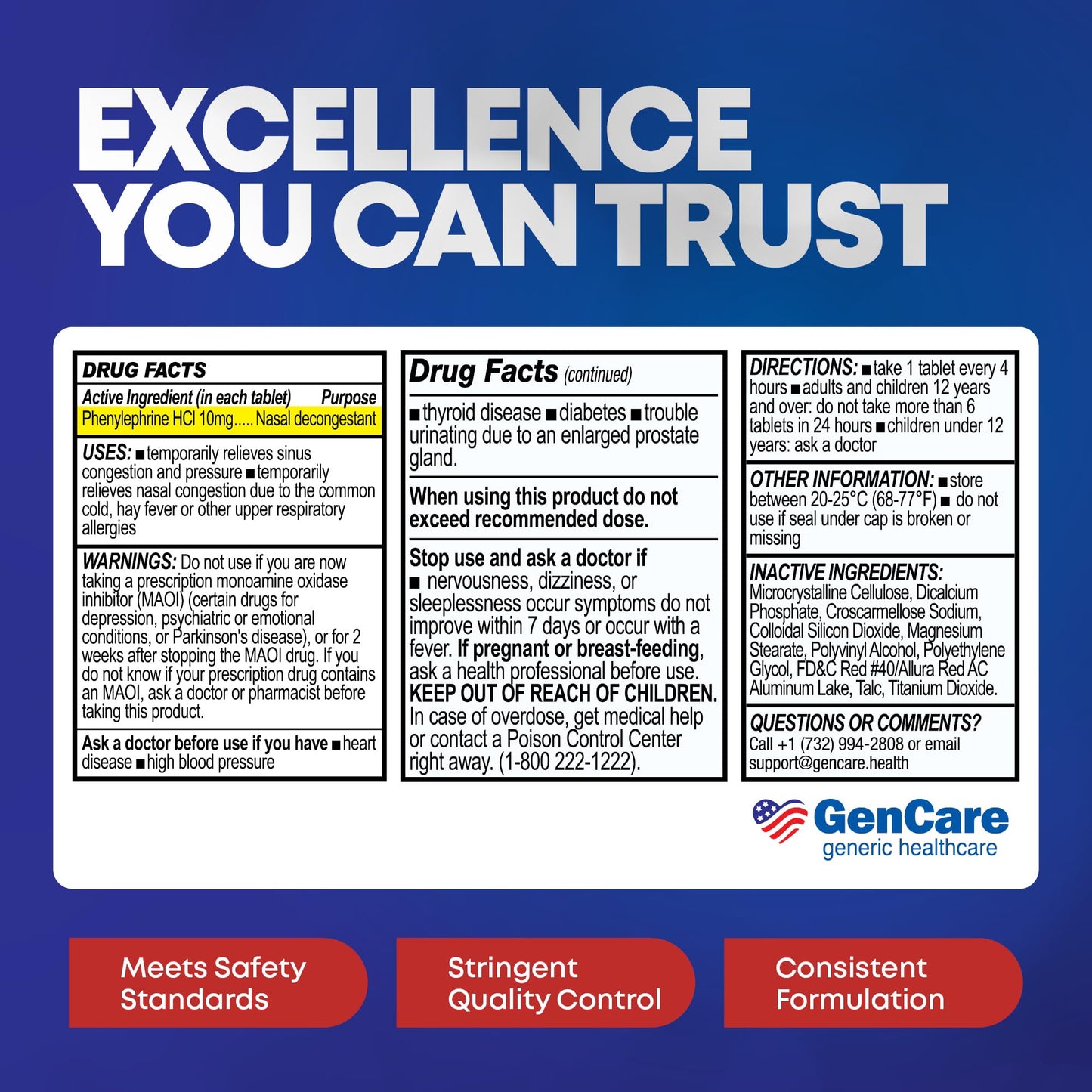 GenCare Nasal Decongestant PE β 300 Count, 10mg Phenylephrine HCl | Non-Drowsy Sinus Relief (Compare to Sudafed PE)