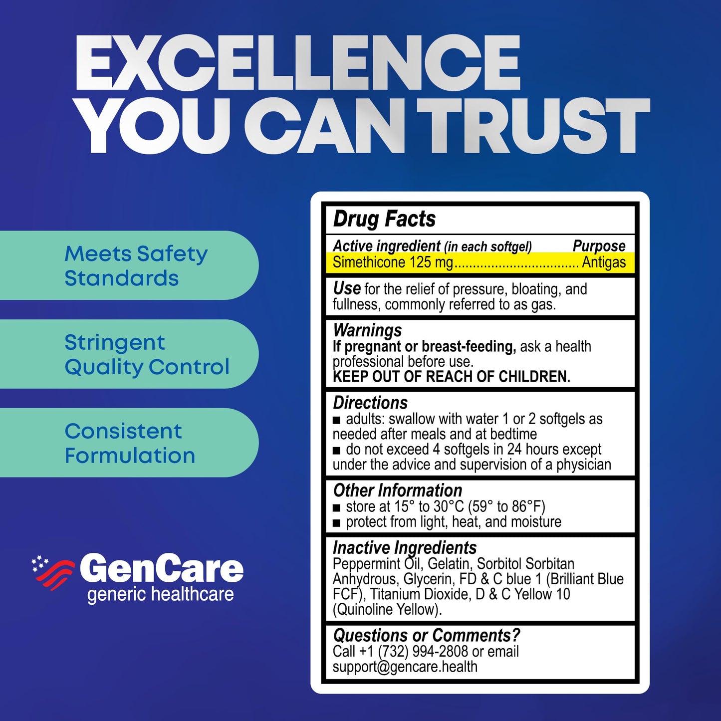 GenCare Extra Strength Gas Relief 125mg โ 180 Softgels | Fast Bloating Relief (Compare to Gas X)