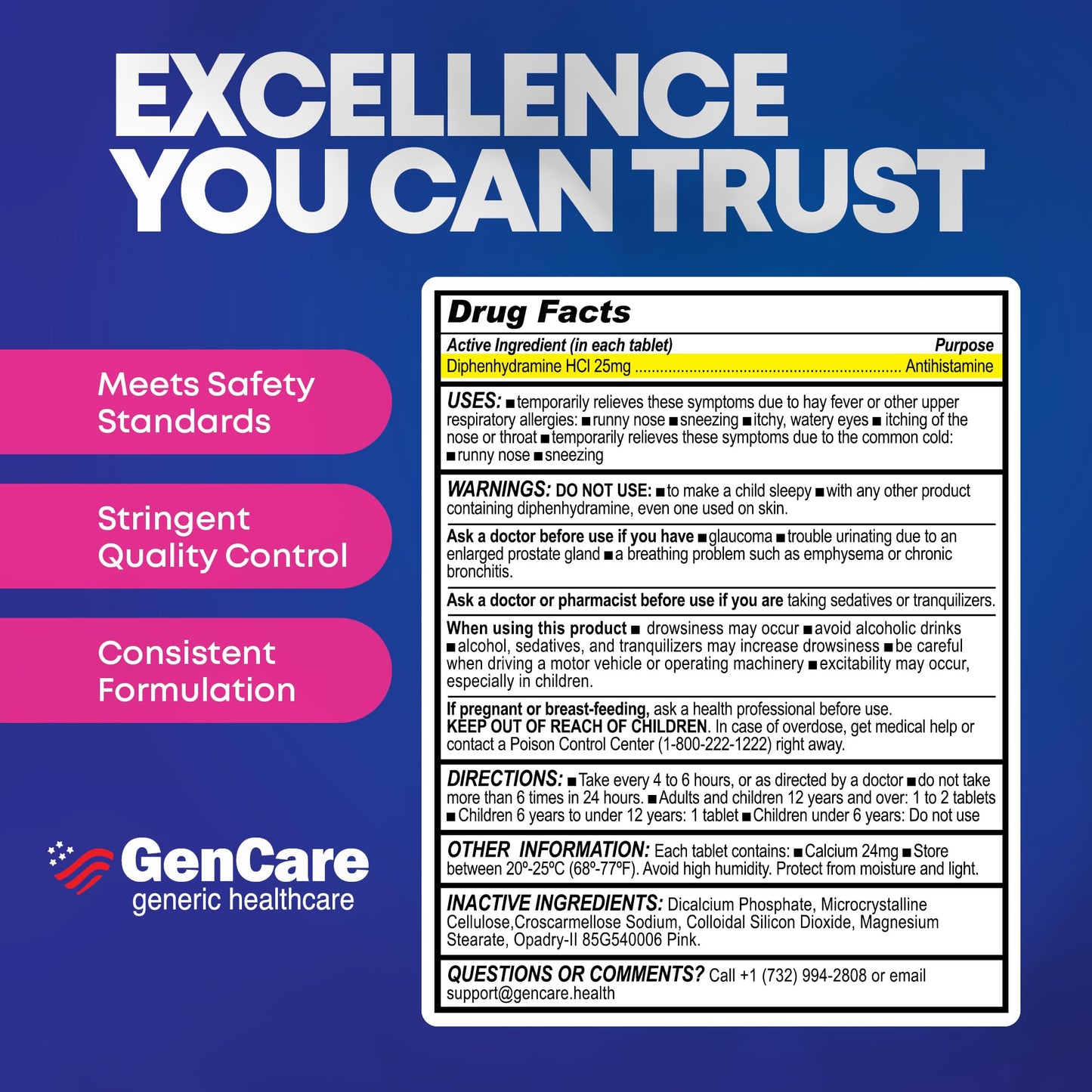 GenCare Allergy Relief Medicine β Bulk 1000 Count | Diphenhydramine 25mg for Adults