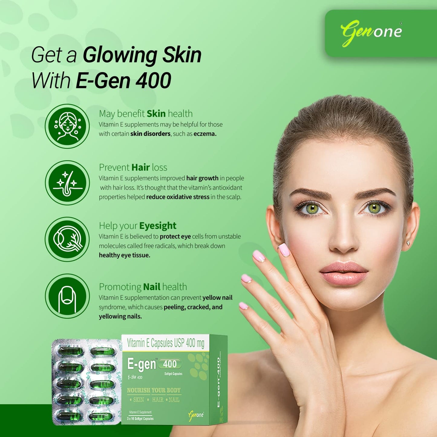 Genone E-Gen 400 Vitamin E Capsules โ Glowing Skin & Hair Nutrition (30 Capsules)