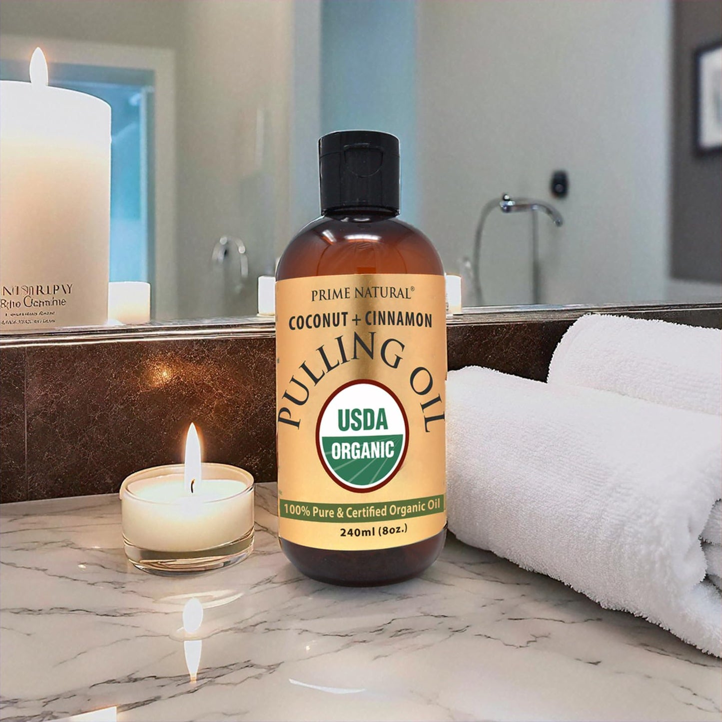 Prime Natural Oil Pulling with Organic Coconut & Cinnamon Bark Oil 8oz โ Alcohol-Free Mouthwash for Fresh Breath & Whiter Teeth