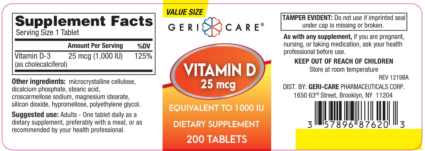 GeriCare Vitamin D-3 25 mcg (1000 IU) โ Supports Strong Bones, Immune Health & Mood โ 200 Tablets