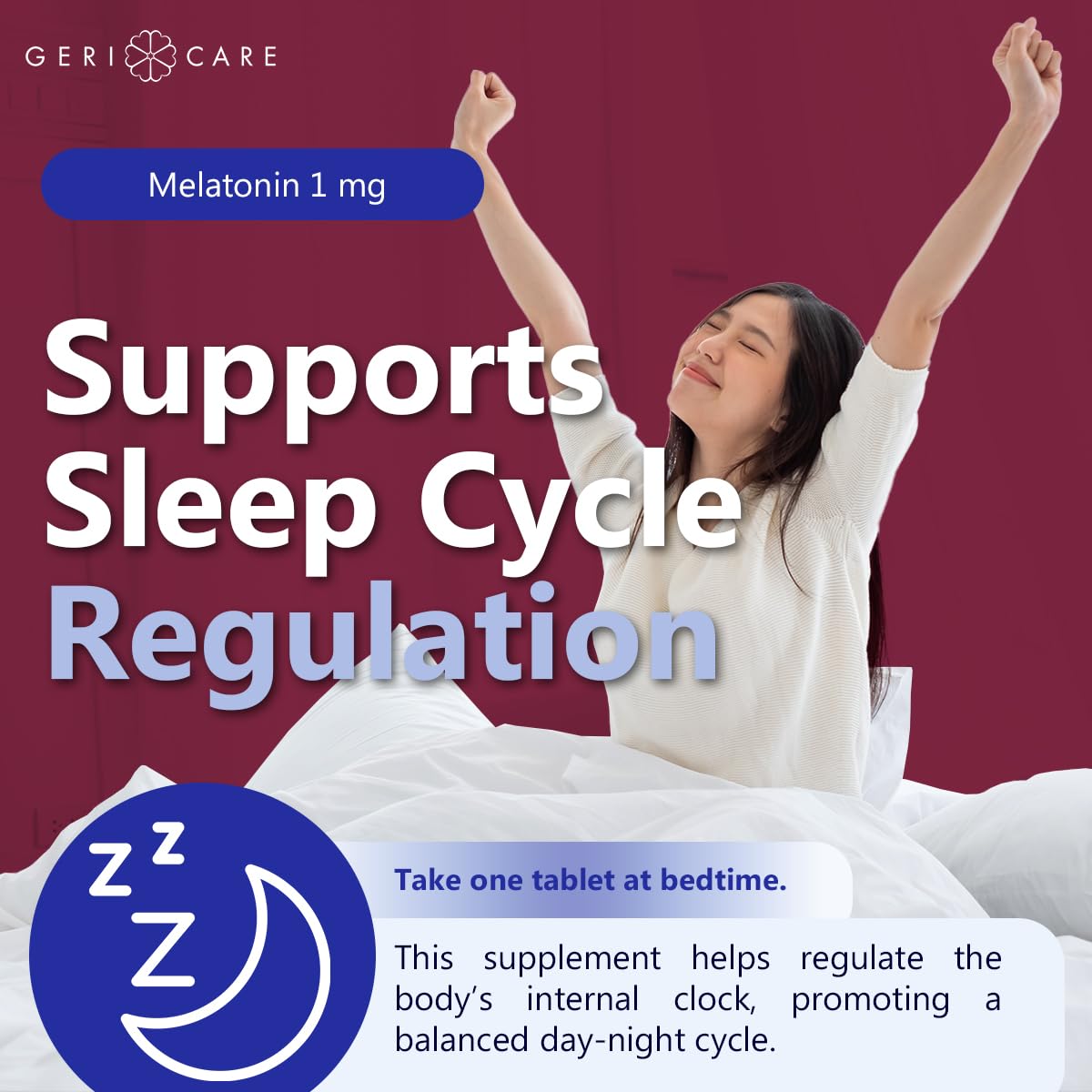 GeriCare Melatonin 1mg Sleep Support โ Non-Habit Forming, Jet Lag Relief, 180 Tablets
