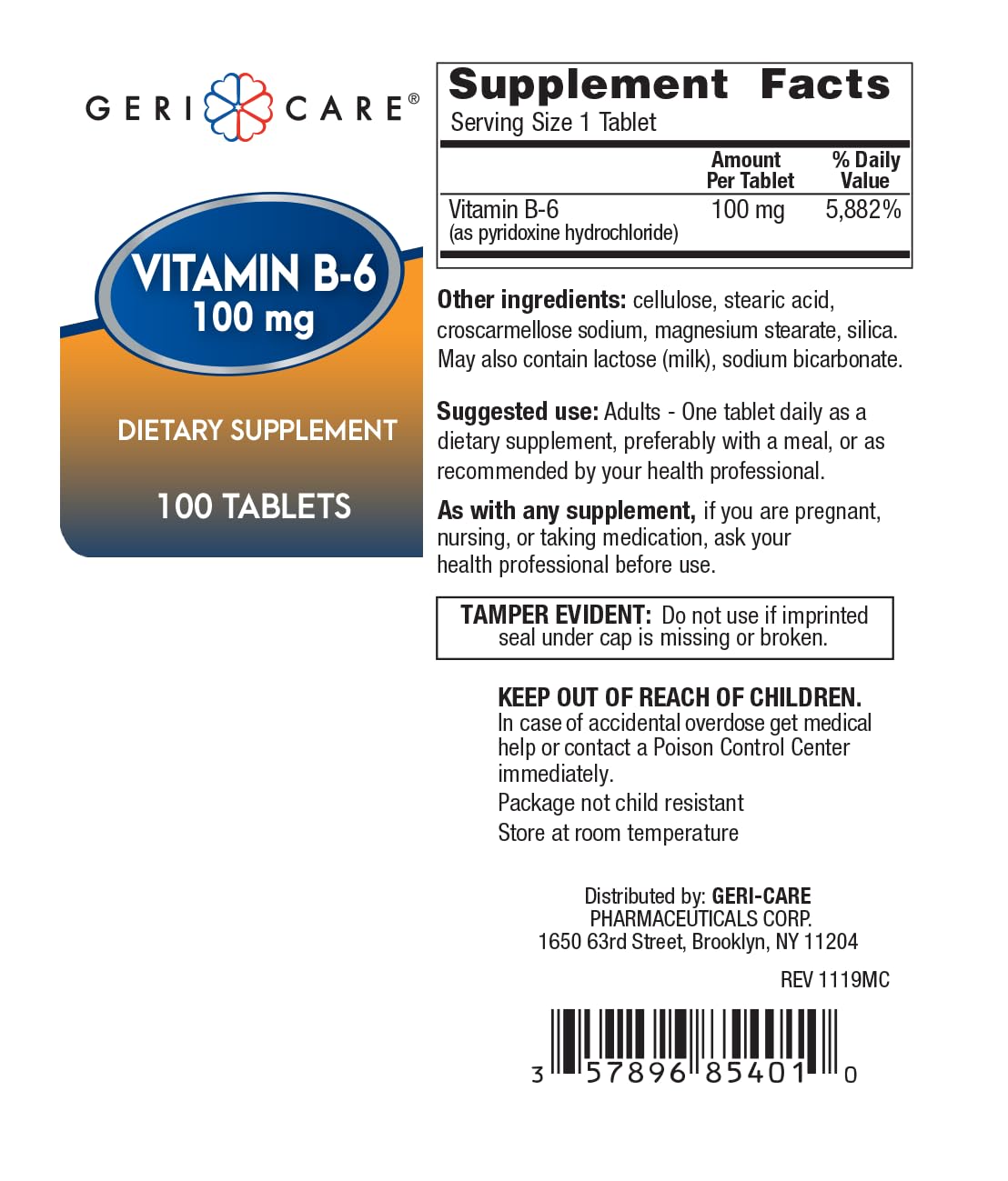 GeriCare Vitamin B-6 100mg, 100 Tablets โ Brain Health, Mood & Metabolism Support