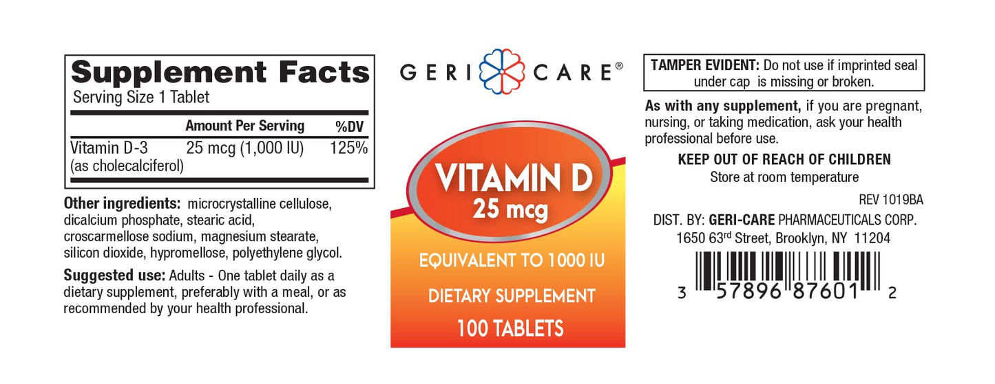 GeriCare Vitamin D 25mcg Tablets โ Bone Health & Immune Support (100 Count)