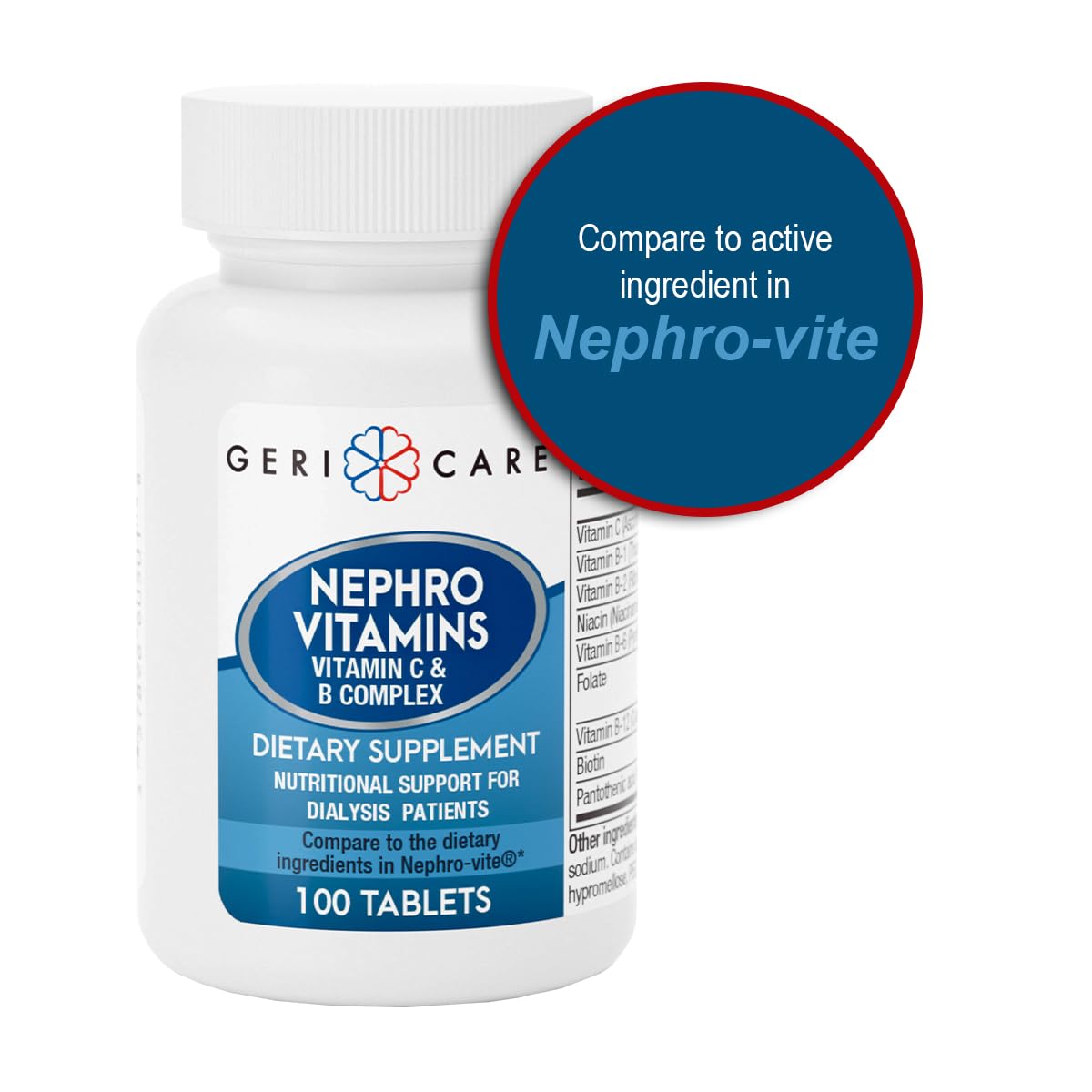 GeriCare Nephro Vitamin C & B Complex Tablets โ 100 Count, Pack of 2 | Kidney Health & Energy Support