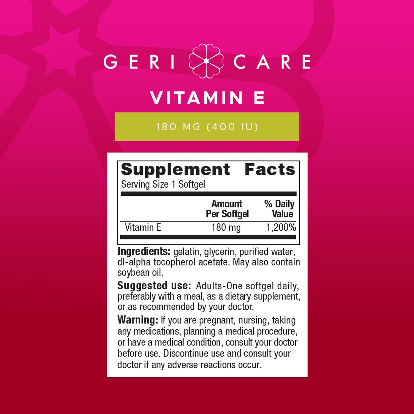 GeriCare High-Potency Vitamin E Capsules โ 3 Potencies (100/400/1000 IU) | 100 Count | For Women & Men
