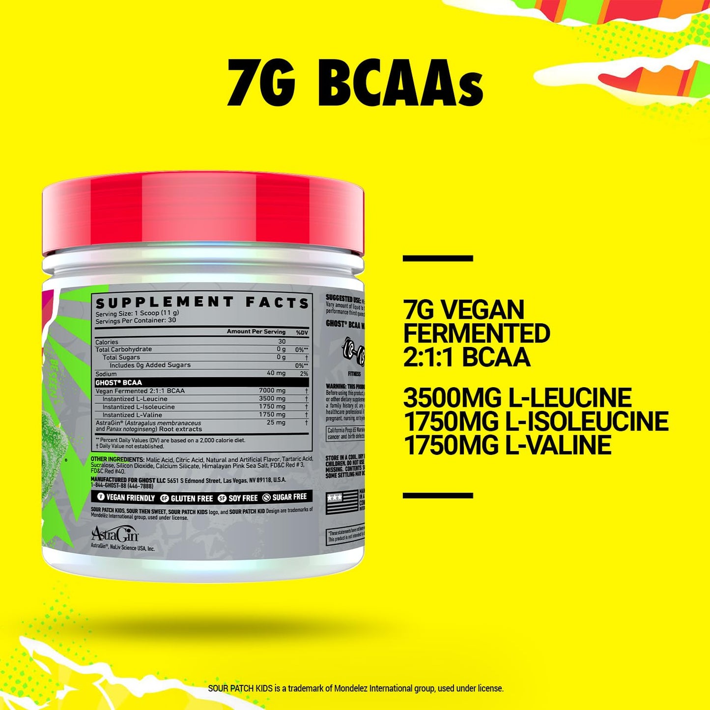 GHOST BCAA Powder Sour Patch Kids Watermelon โ 30 Servings, Sugar-Free, 7G BCAAs