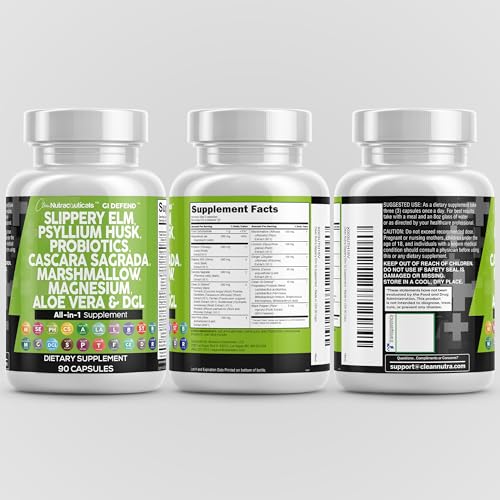 Clean Nutraceuticals GI Defend - All-In-One Digestive Health Supplement with Slippery Elm, Psyllium Husk, Probiotics, Aloe Vera & Herbal Extracts