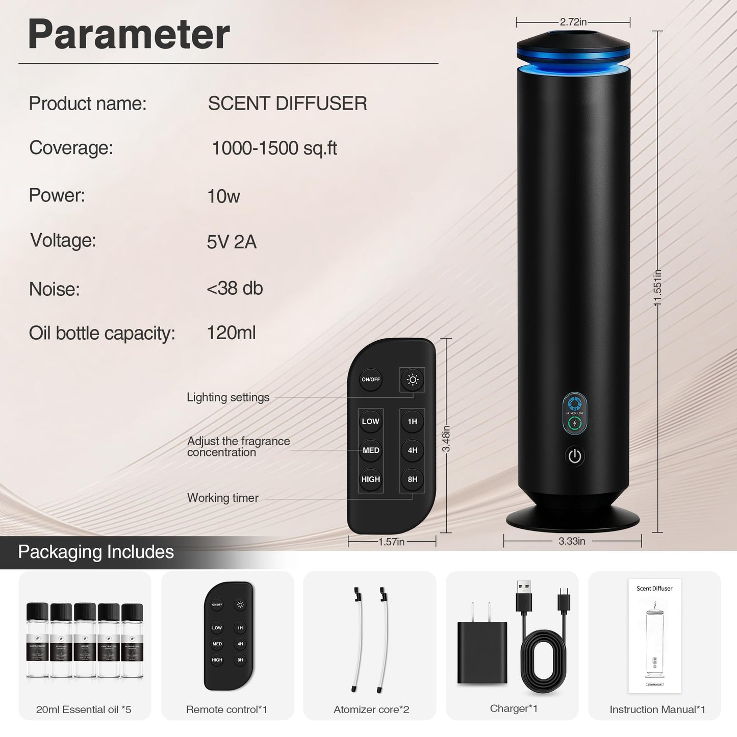 Waterless Scent Diffuser Starter Kit โ 1500 Sq Ft Coverage, Black