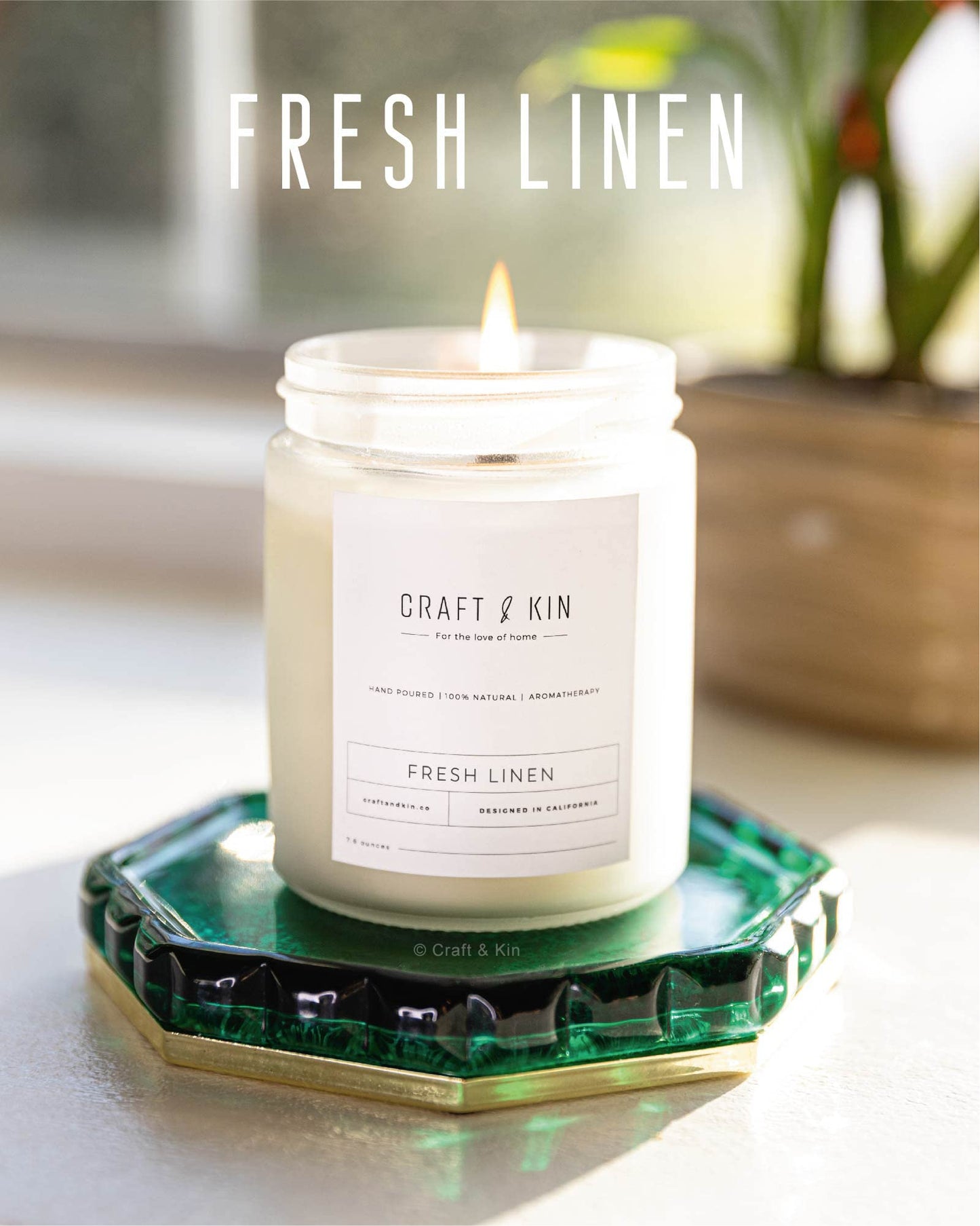 Craft & Kin Fresh Linen Soy Candle โ 8 oz, Wood Wick, 45-Hour Burn