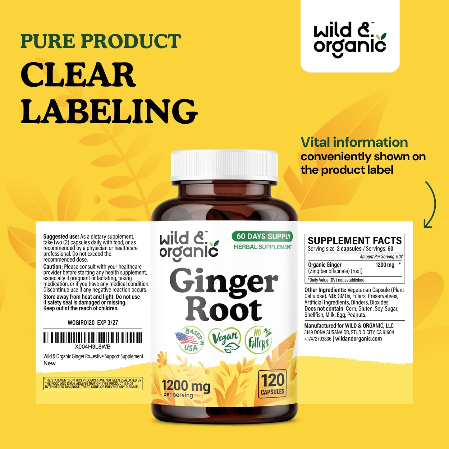 Wild & Organic Ginger Root Capsules 1200 mg โ Immune & Digestive Support | 60-Day Supply | Vegan, Non-GMO