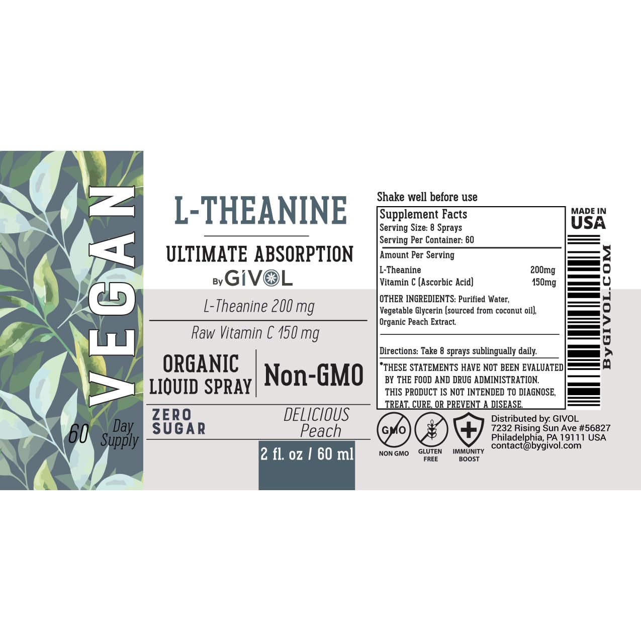 GIVOL 200mg L-Theanine & 150mg Vitamin C Liquid Spray – Peach Flavor (2 oz)