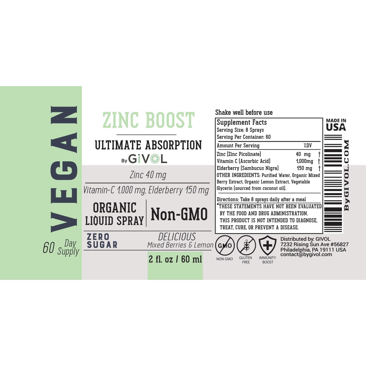 GIVOL Organic ZINC Boost Mist 40 mg โ Sugar Free, Vitamin C & Elderberry โ Vegan Liquid Spray (60 ml)