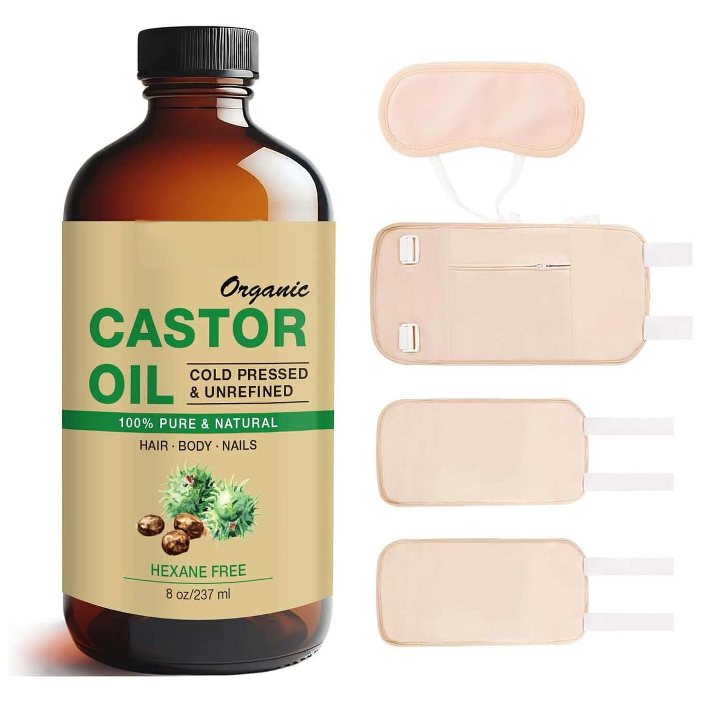 Castor Oil Organic Cold Pressed โ 8oz Glass Bottle | 4 Pack Wrap | Organic Cotton