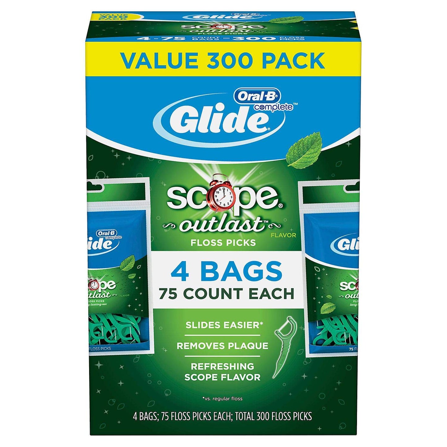 Glide Oral-B Floss Picks Plusx 40mm Outlast โ Long Lasting Mint, 4 Pack of 75