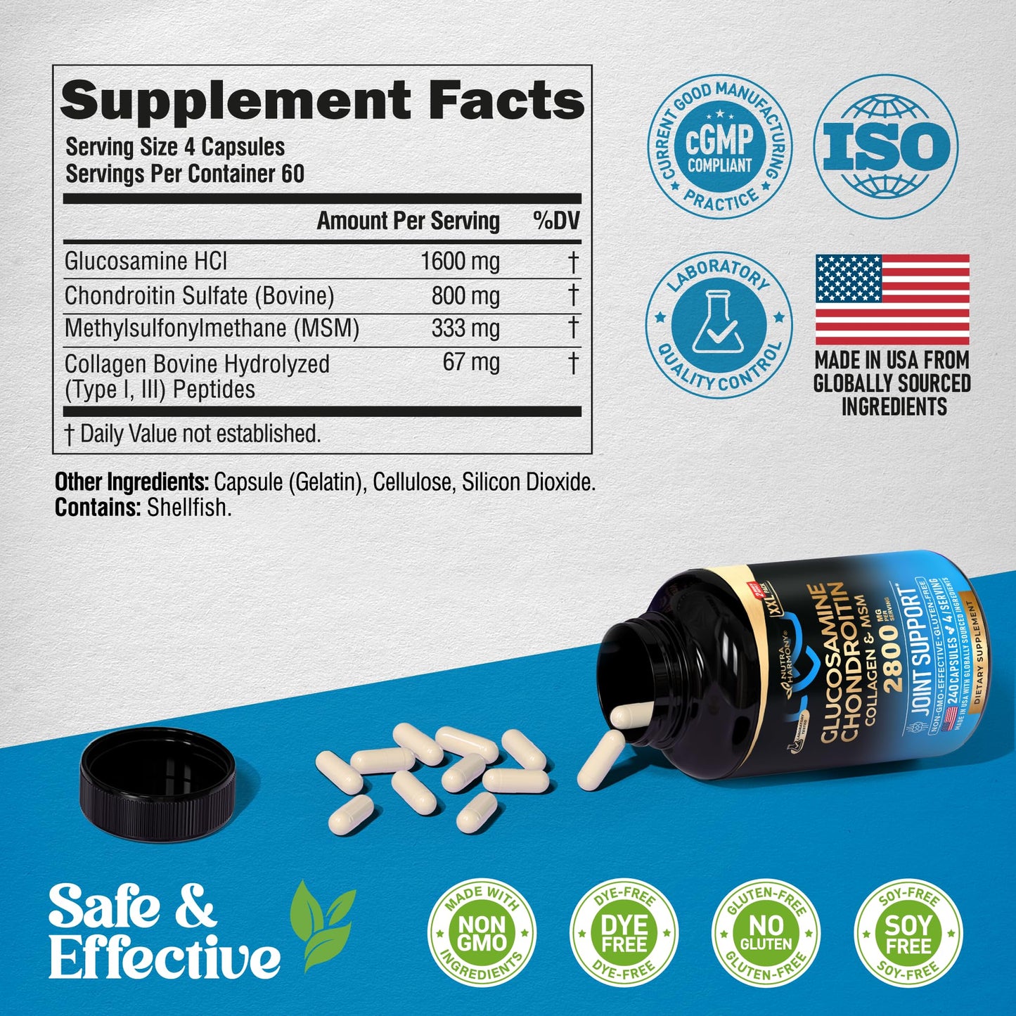 Glucosamine Chondroitin MSM Collagen โ Joint Support (240 Caps) | Made in USA