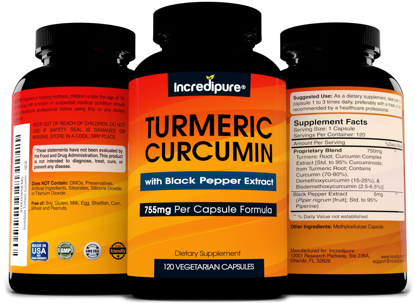 Turmeric Curcumin Supplement w/ BioPerine โ 755mg per Capsule | Curcumin Incredipure