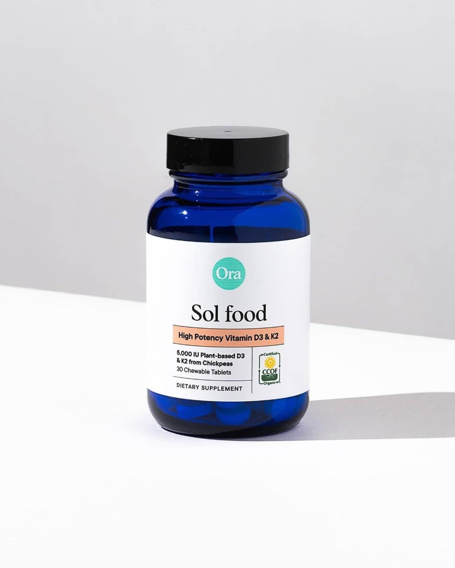 Ora Organic Vitamin D3 5000IU + K2 β Vegan D3 from Lichen, K2 from Chickpeas | 30 Chewable Tablets