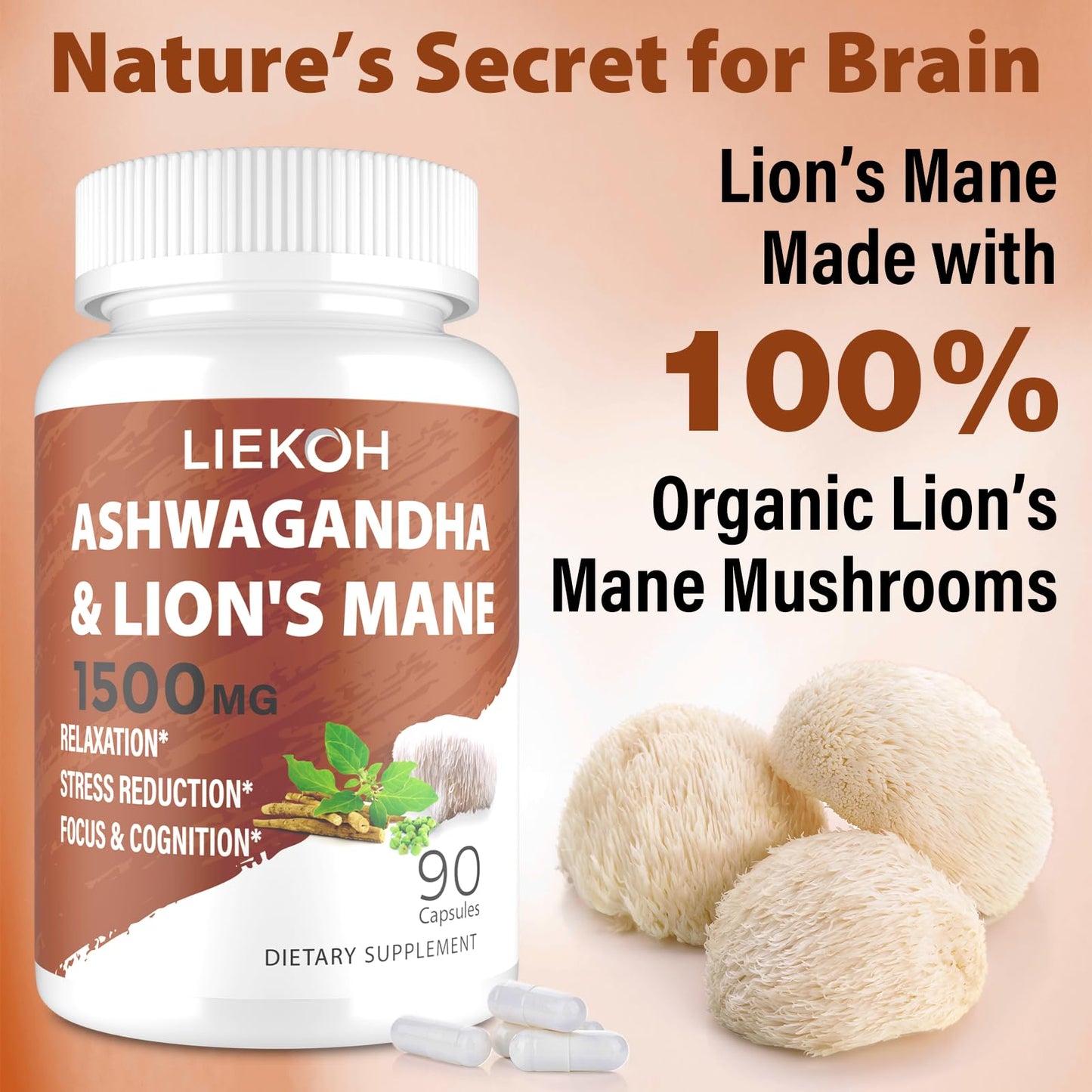 Ashwagandha & Lions Mane Capsules for Memory, Focus β 90 Caps