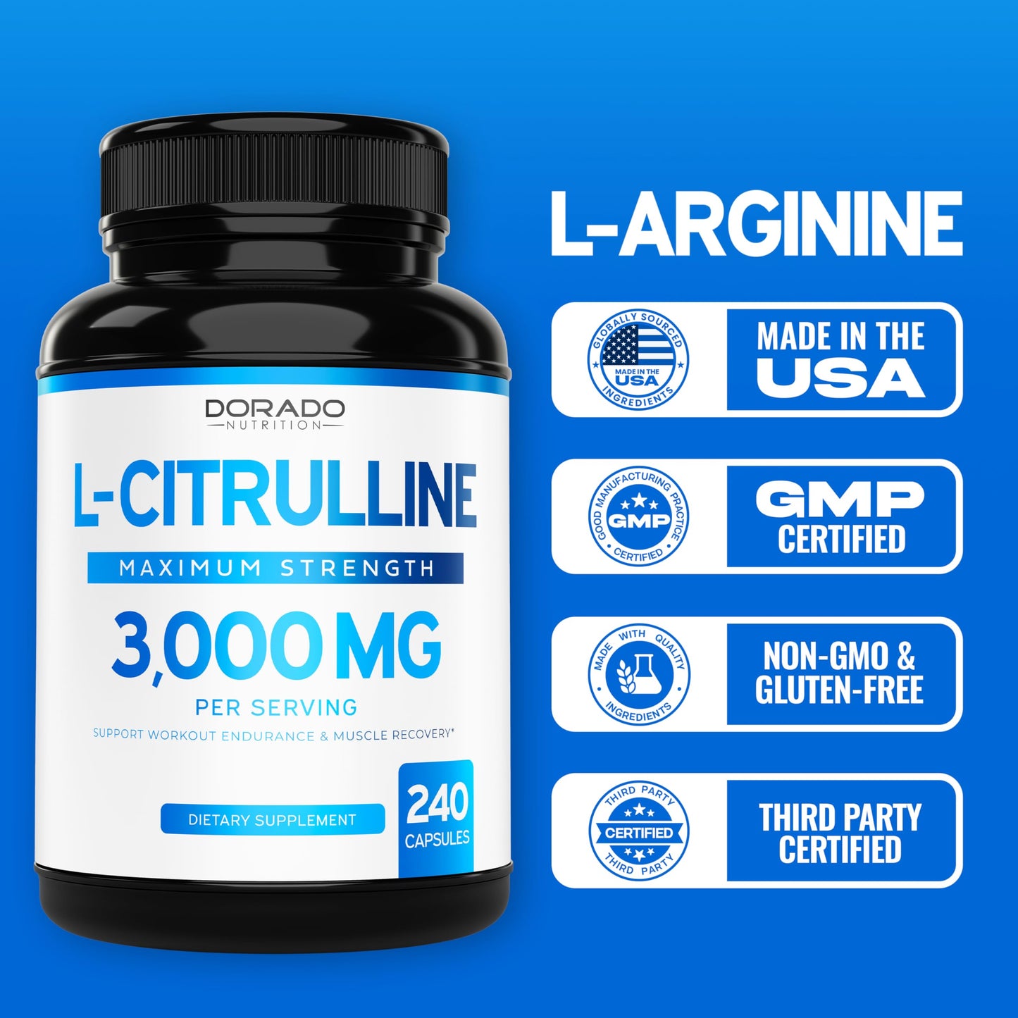 L-Citrulline 3000mg Supplement โ 240 Capsules | Vegan, Non-GMO, USA Made