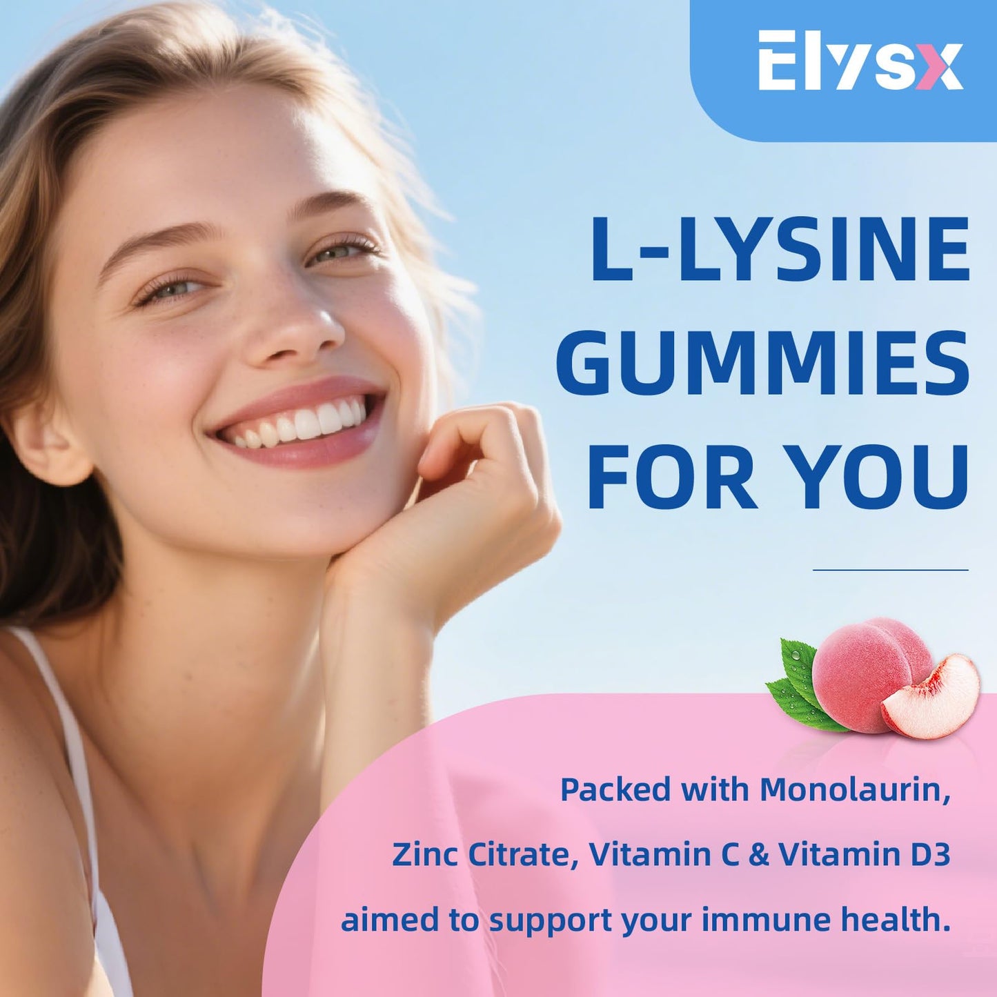 L-Lysine Gummies 1000mg with Monolaurin โ Sugar-Free Peach Immune Support (60 Count)