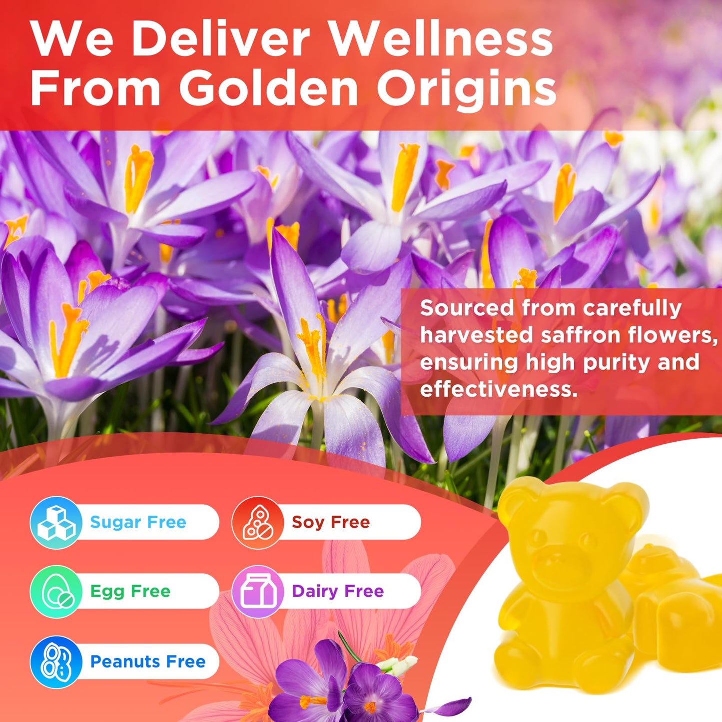 Melatonin-Free Saffron Gummies for Mood & Focus โ 60 Count with 88.5 mg Saffron Extract, D3, B6, B12
