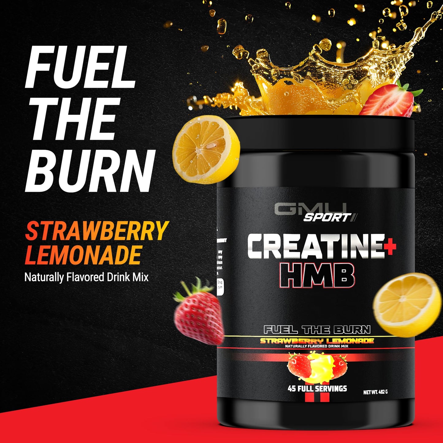 GMU SPORT Creatine 2.0 โ Flavored Creatine + HMB Powder (45 Servings) | 5g Creatine Monohydrate + 3g HMB + Piperine | Strawberry Lemonade
