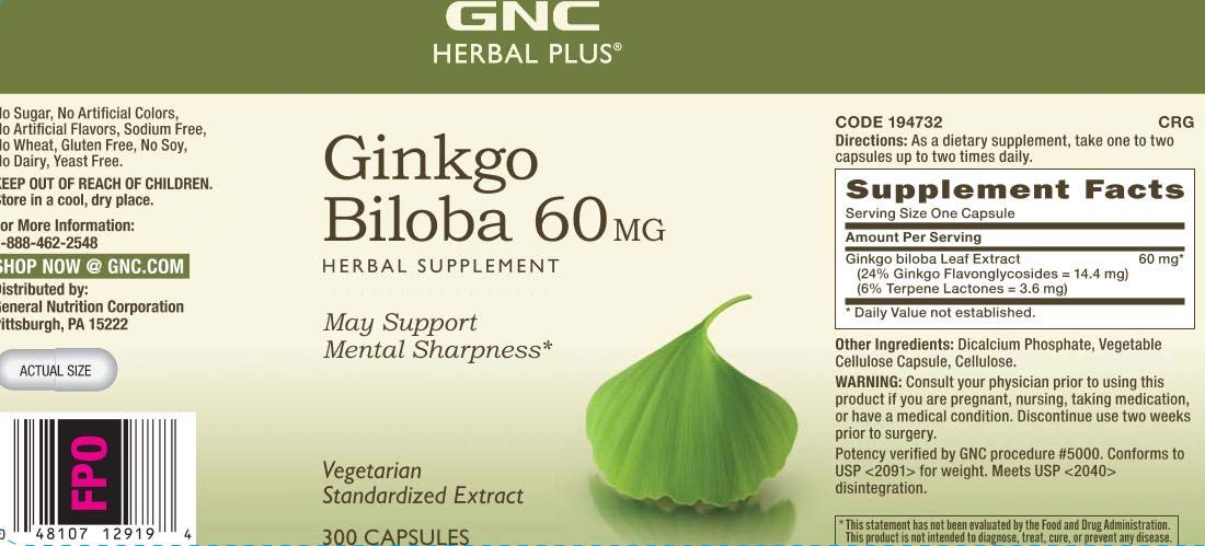GNC Herbal Plus Ginkgo Biloba 60mg โ Vegetarian, Mental Sharpness, 300 Servings