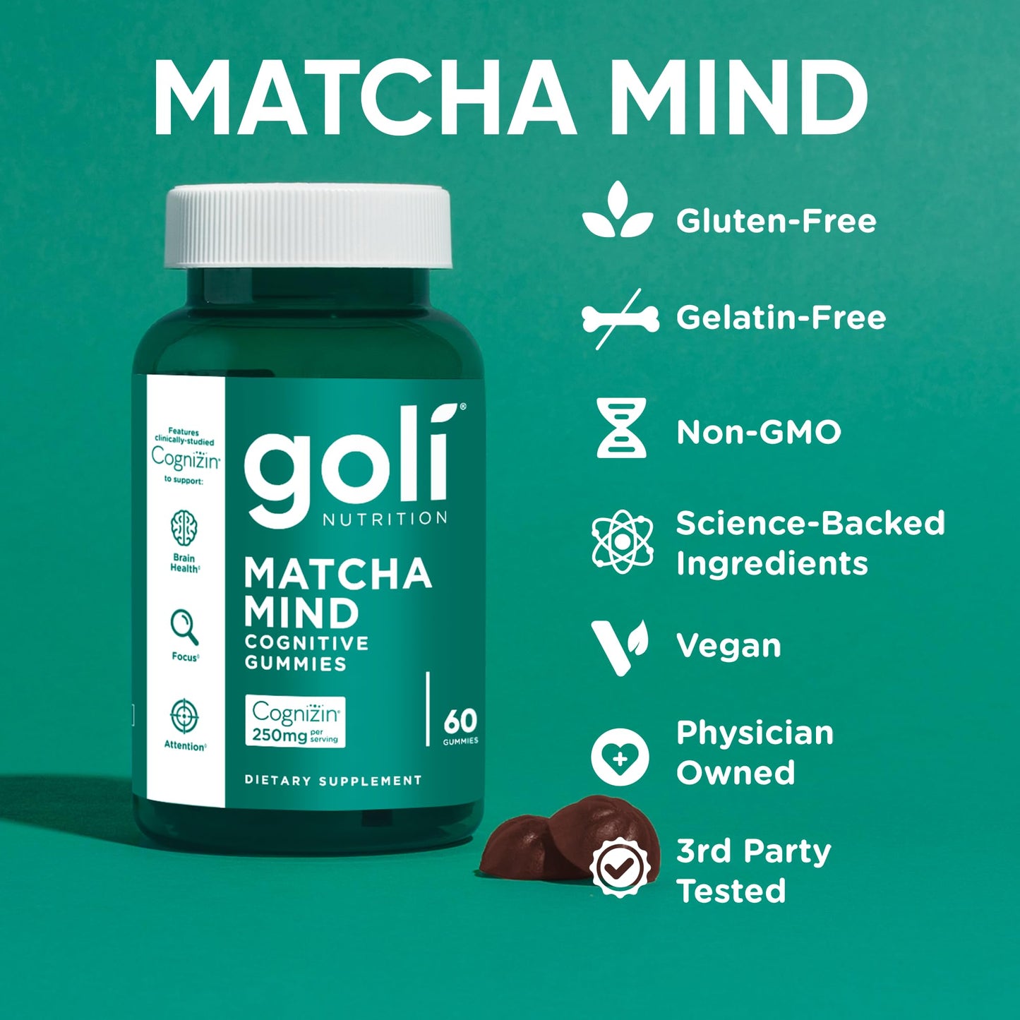 Goli Matcha Mind Gummies β 180 Count | Cognizin for Focus & Brain Health | Vegan, Non-GMO, Gluten-Free