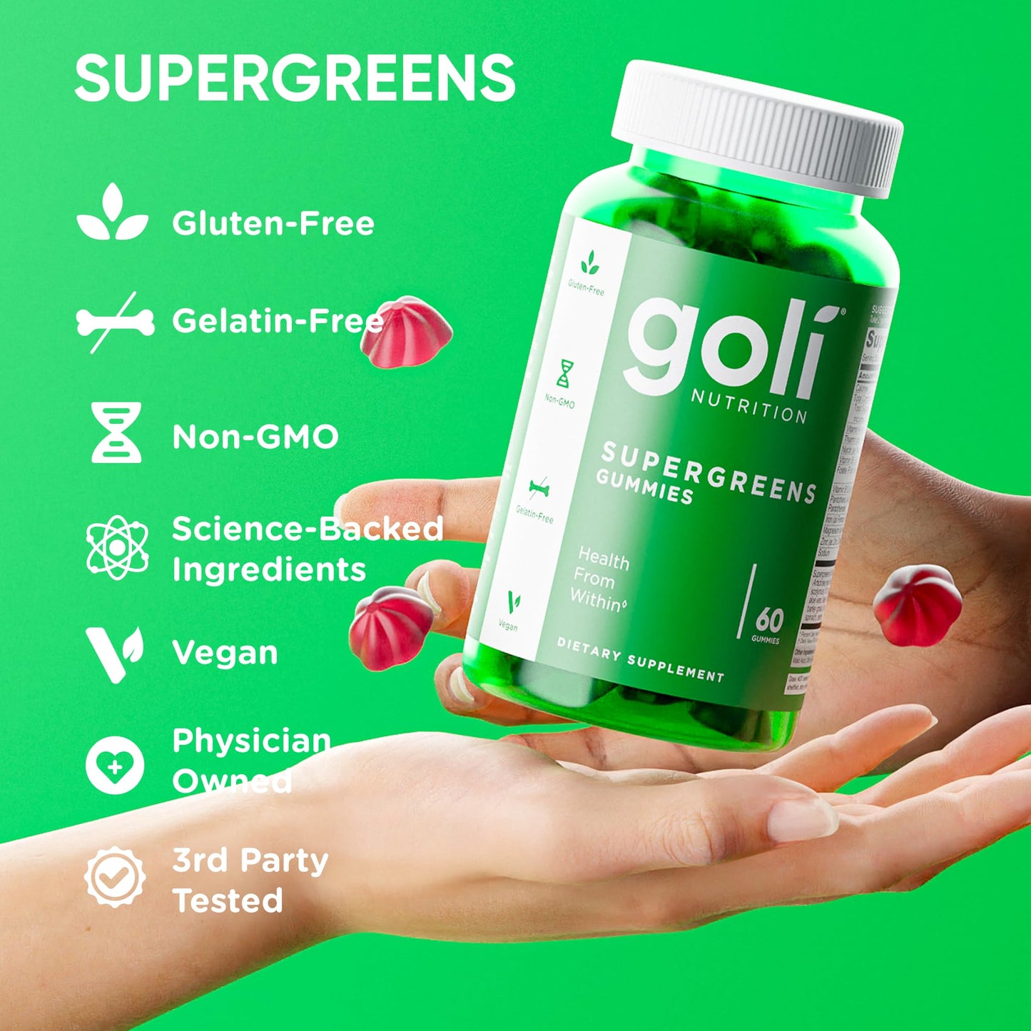Goli Supergreens Gummies with Probiotics โ Artichoke Leaf, Spirulina & Kale | Vegan, Gluten-Free, Non-GMO โ 60 Count (5 Pack)