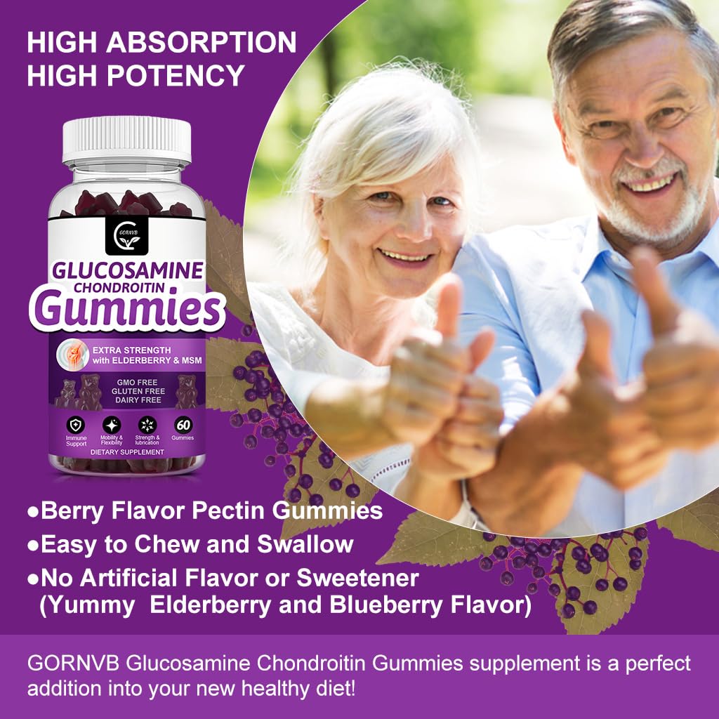 GORNVB Glucosamine Chondroitin Gummies with MSM & Elderberry – Extra Strength (2 Pack, 60 Gummies) | Flexibility & Immune Support