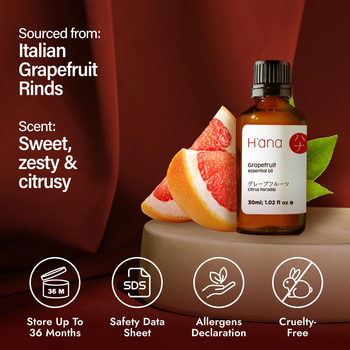 H'ana Grapefruit Essential Oil โ 1.02 Fl Oz | Hair, Skin, Diffuser & DIY