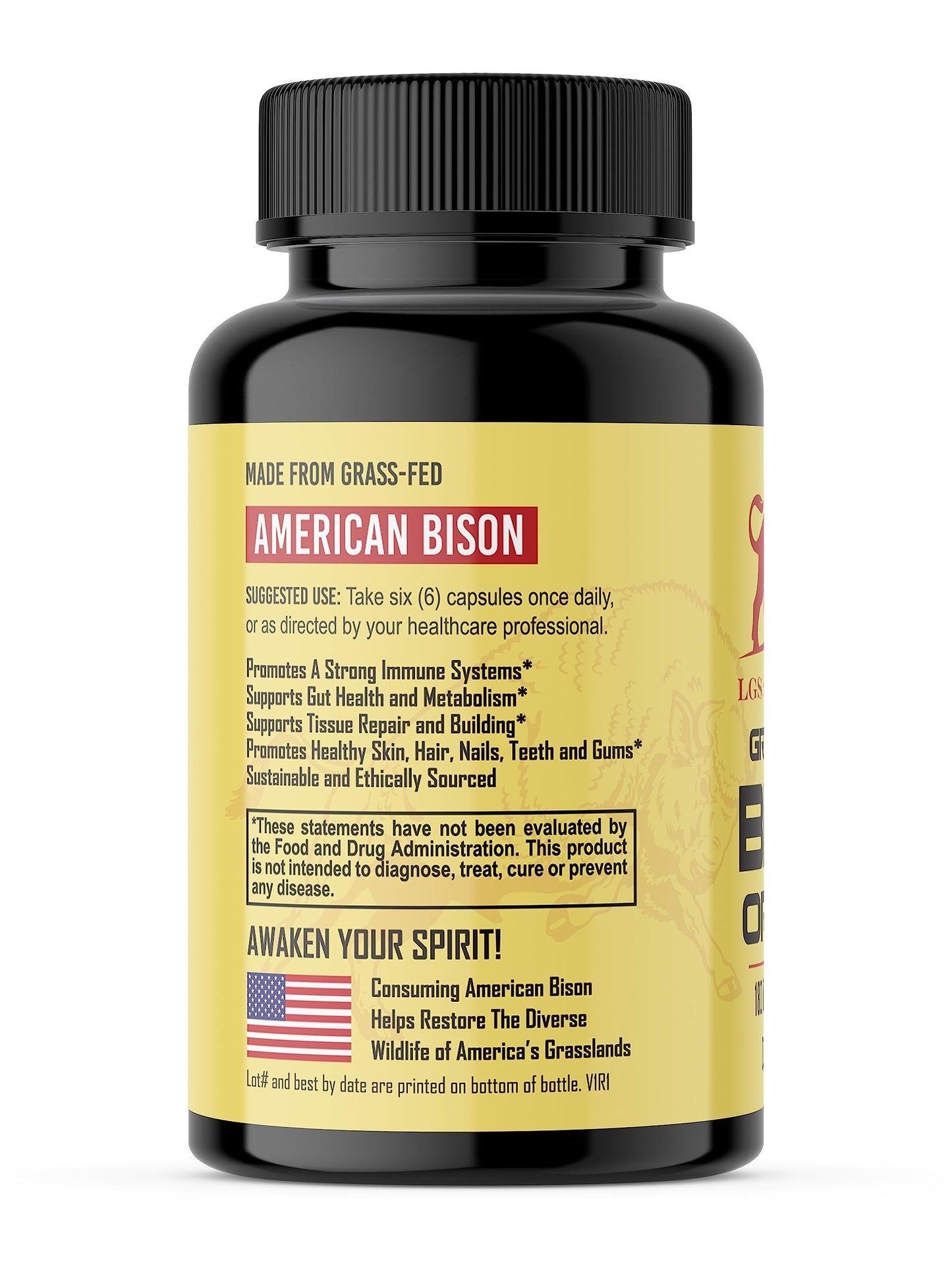 Grass Fed Bison Organ Supplement โ Liver, Heart & Kidney | Non-GMO | 180 Capsules