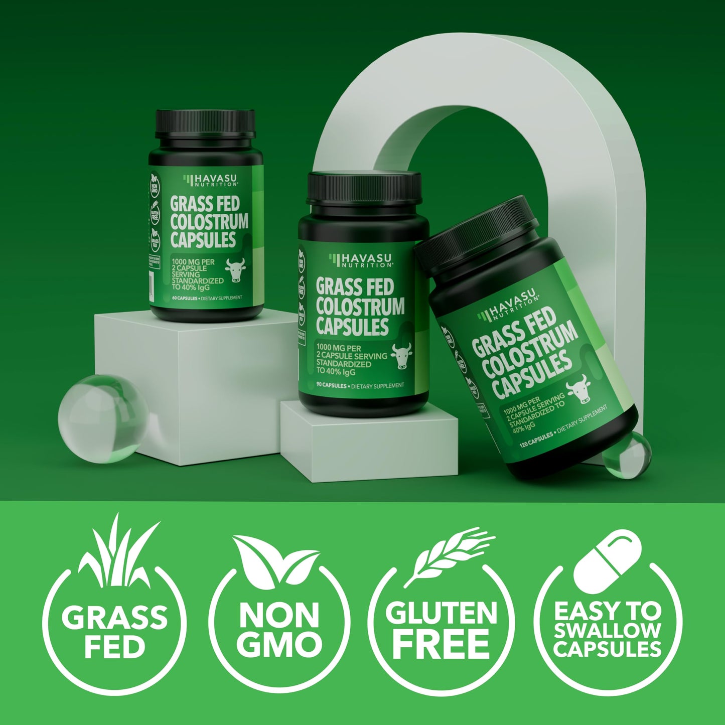 Grass Fed Colostrum Supplement โ 1000mg per Serving, 120 Count (60 Day Supply) | IgG 40%