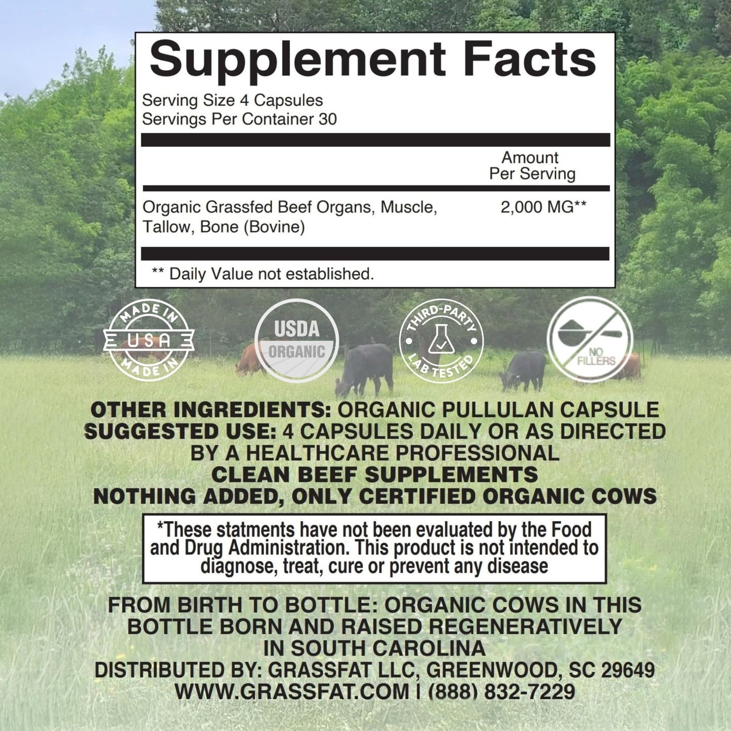 Grassfat USDA Organic 100% Grassfed Beef Organs Supplement โ Made in USA | 30 Servings