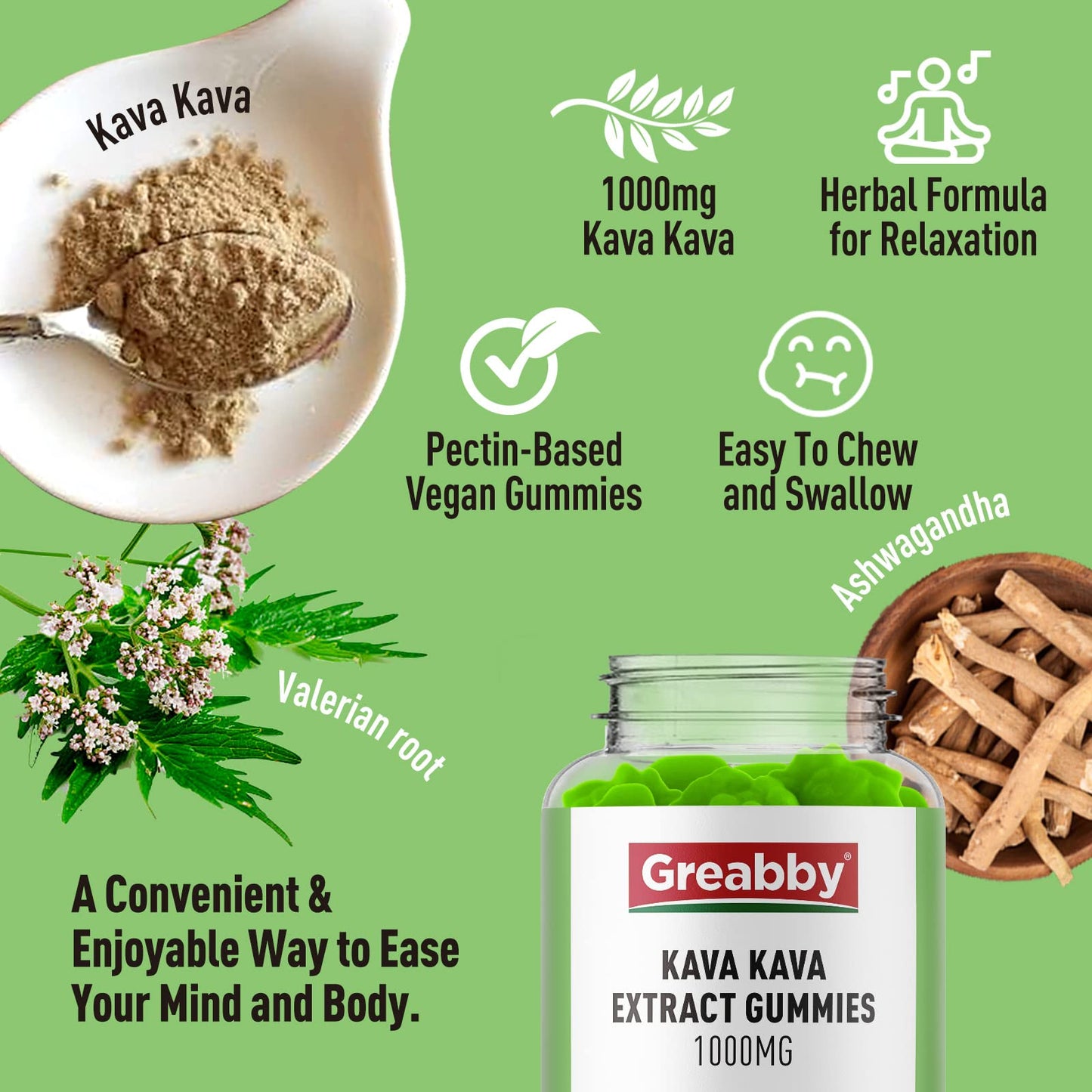GREABBY Kava Gummies 1000mg โ Natural Lemon, 120 Vegan Gummies