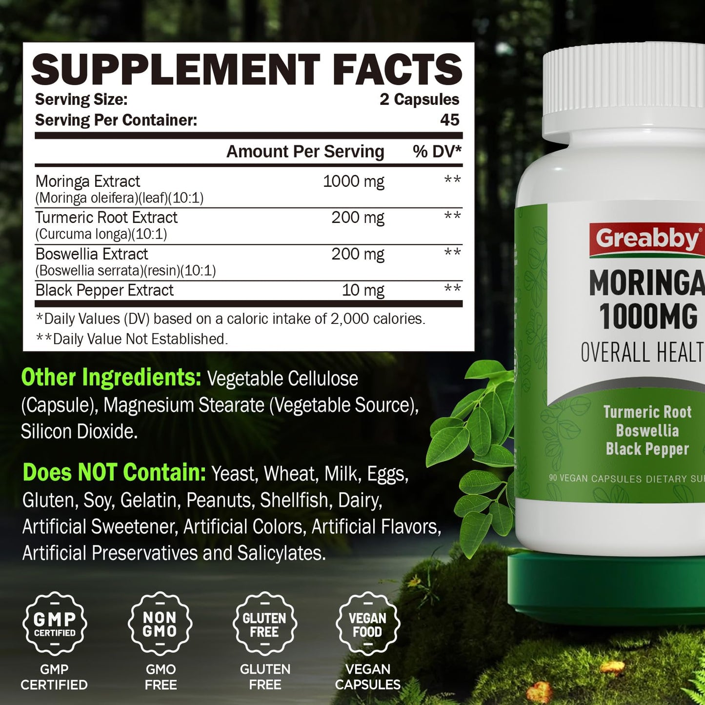 GREABBY Moringa Capsules with Turmeric & Boswellia β Immune, Joint & Digestive Health, 90 Small Vegan Capsules