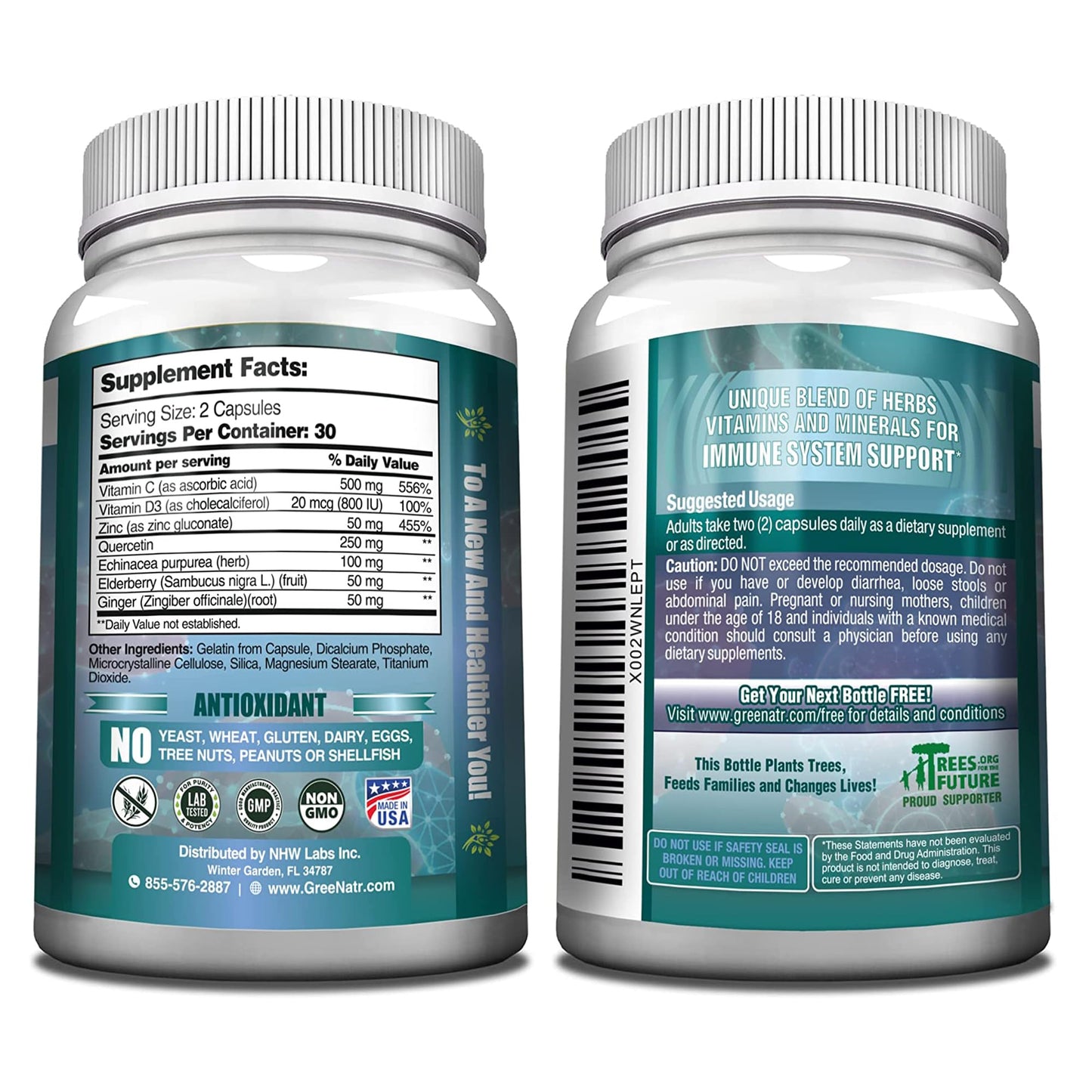 GreeNatr Immune Support โ Vitamin C, D3, Zinc 50mg, Quercetin, Echinacea, Elderberry โ 60 Capsules