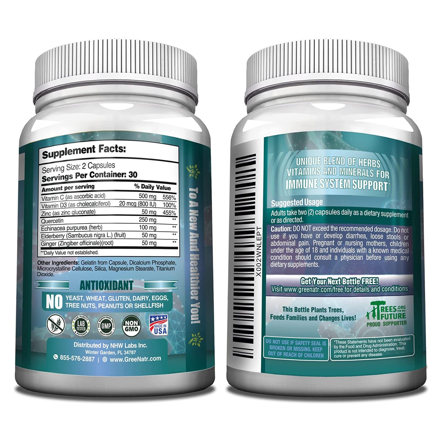 GreeNatr Immune Support โ Vitamin C, D3, Zinc 50mg, Quercetin, Elderberry, Ginger, 60 Capsules